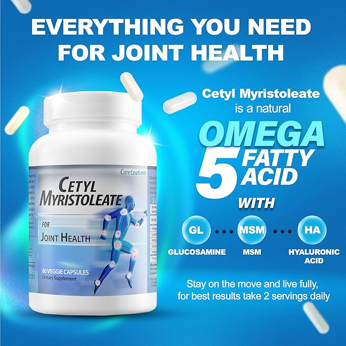 Cetyl Myristoleate - Omega 5 Fatty Acid - Ultra Support for Relief from Joint Discomfort and Stiffness - Also Includes Glucosamine MSM &amp Hyaluronic Acid - 80 Capsules