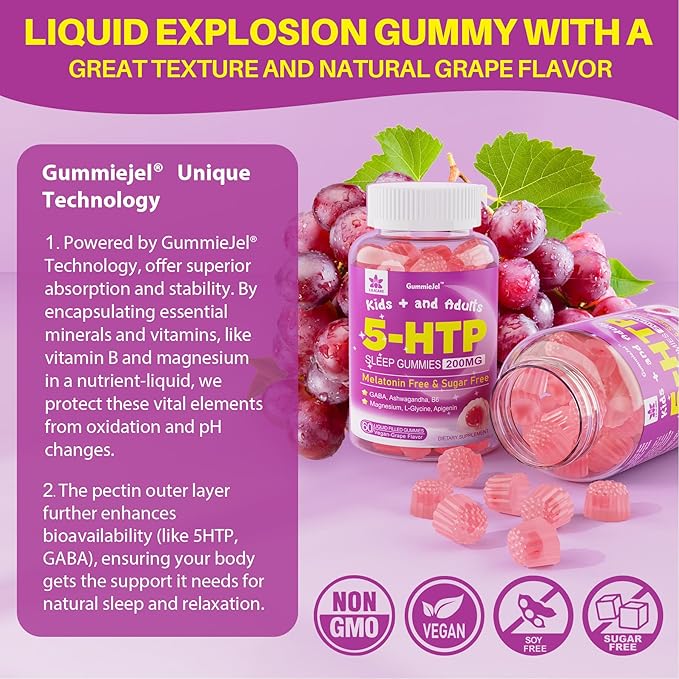 5HTP Gummies for Adults &amp Kids 8+ Melatonin Free Gummies with Magnesium Glycinate GABA L-Glycine Ashwagandha Vitamin B6 for Delicious Zzzs Brain &amp Muscle Relaxation 0 Sugar 60 Count (Pa