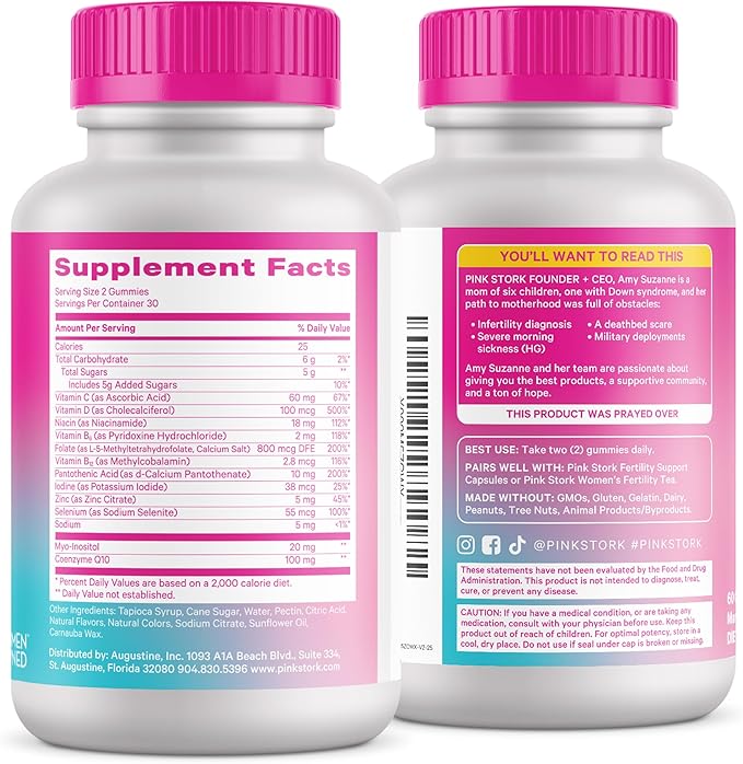 Pink Stork Premium Fertility Gummies | Fertility Supplements for Women with CoQ10 Myo-Inositol + Prenatal Vitamins | Conception Support | Hormone Balance for Women Ovarian Care - 60 Gummies