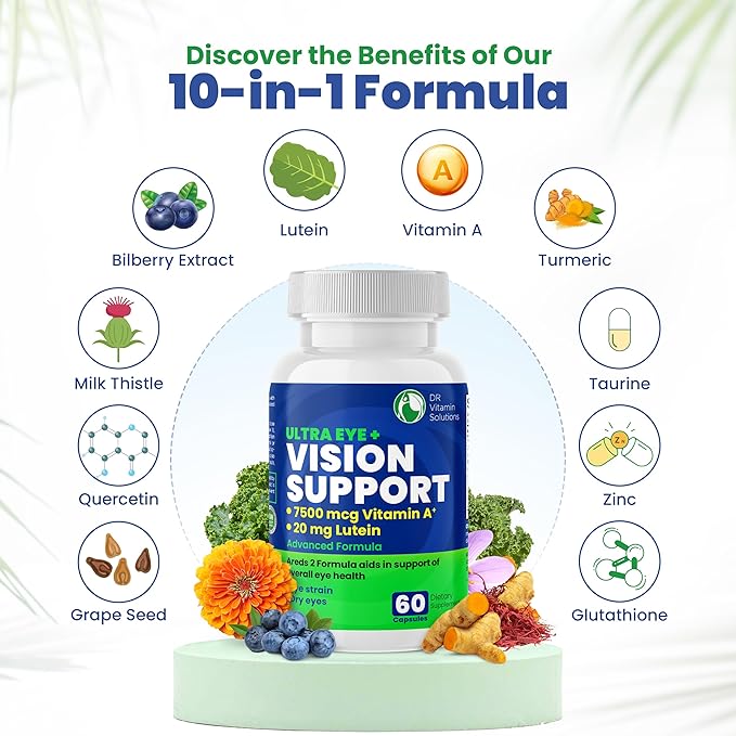 Vision Support Eye Vitamins for Macular Health | Supplements with Lutein Zinc Vitamin A &amp Bilberry | Areds 2 Formula for Red &amp Dry Eyes | Blue Light &amp Eye Strain Support for Adults 60 C