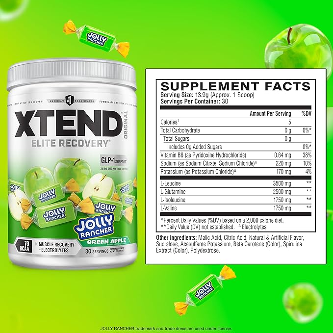 Xtend Original BCAA Powder 7g BCAAs and 2.5g L-Glutamine for Muscle Recovery Hydration and Lean Muscle Sugar Free Intra and Post Workout Drink with Green Apple Jolly Rancher 30 Servings
