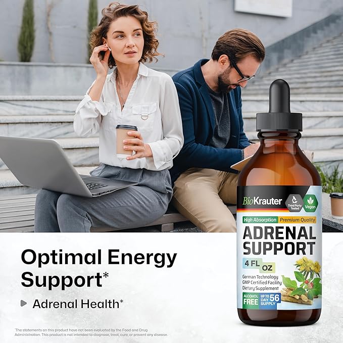 BIO KRAUTER® 2-in-1 Adrenal Support Supplements with Ashwagandha &amp Rhodiola Rosea for Relax &amp Mood Support - Natural Adrenal Complex for Men &amp Wonen - 4 Fl.Oz. 56-Day Supply Alcohol &amp
