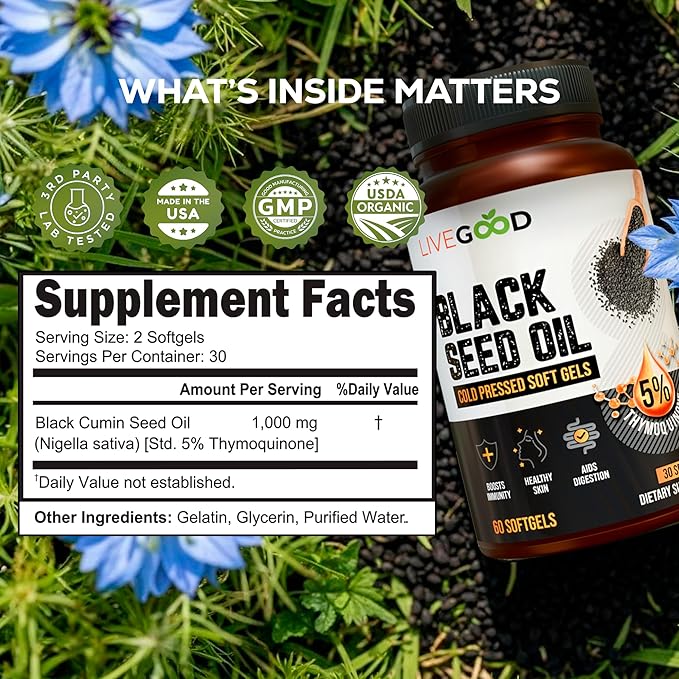 LIVEGOOD Black Seed Capsules Cold Pressed Black Cumin Seed Supplement for Immune and Hormone Support Blackseed Extract from Nigella Sativa (60 Count)