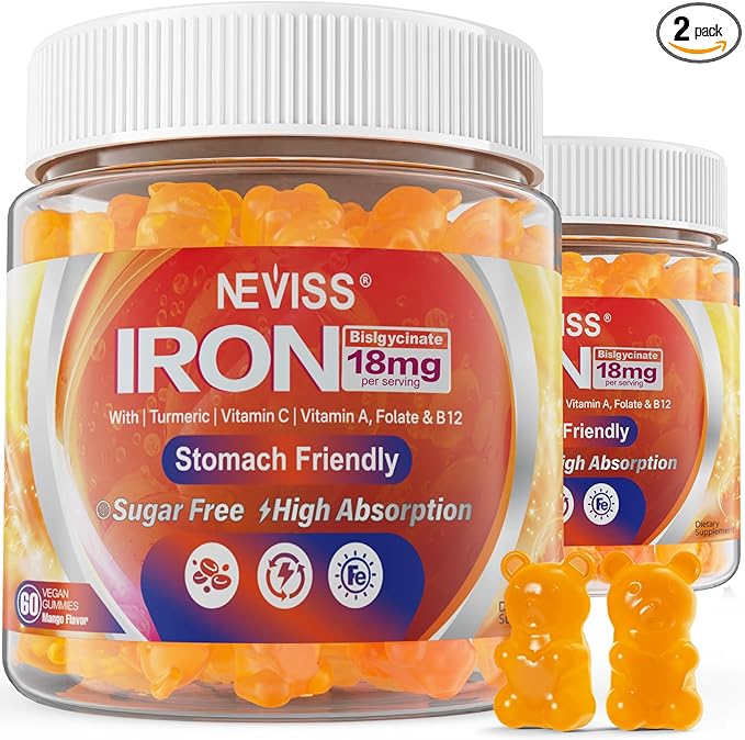 Vegan Iron Gummies Supplement with Vitamin C B12 Folate &amp Turmeric - Energy &amp Immune Health | Gummy Iron Bisglycinate 18mg Gentle &amp Non-Constipating - Women &amp Men 2 Pack