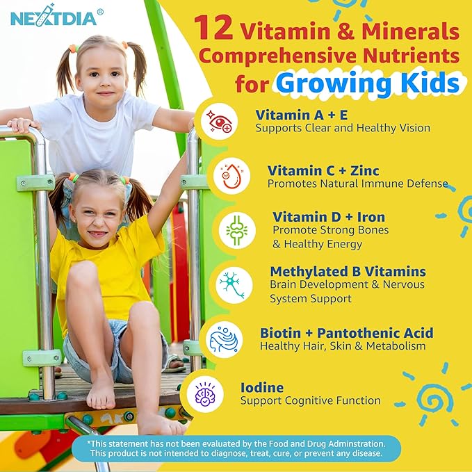 Kids Multivitamin Gummies with Iron Sugar Free Kids Daily Vitamins + Probiotics Algae Omega 3 (EPA/DHA) A C D Methyl B12 Folate B6 Zinc Biotin for Healthy Growth Immune Support 60 Count