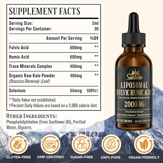 2000 MG Liposomal Fulvic Acid + Humic Acid + Trace Minerals Complex - More Potent Than Shilajit Electrolytes Liquid Supplement with Organic Kale for Energy Digestion Immunity &amp pH Balance 2 Oz