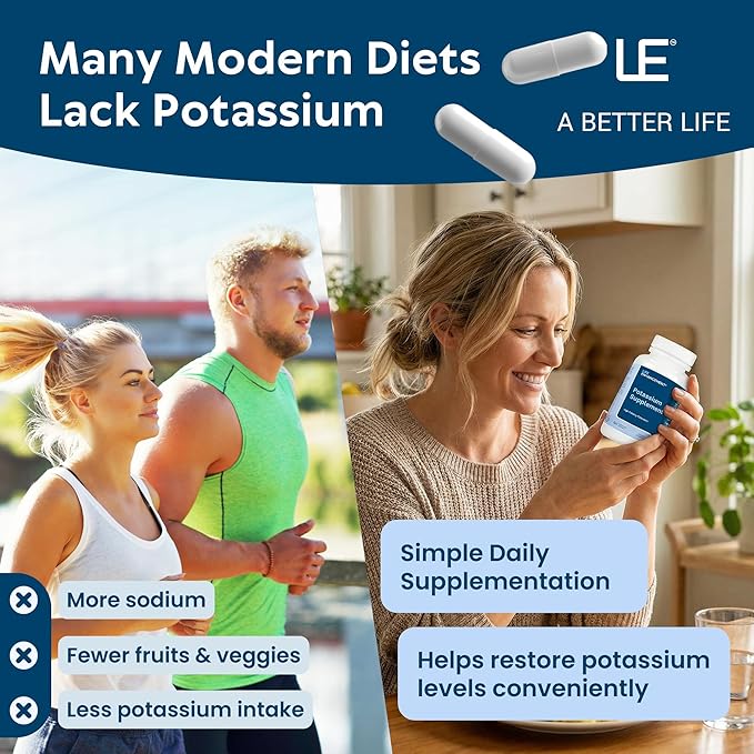 Life Enhancement High Potency 1020 mg Potassium Supplement for Muscle Brain &amp Bone Health - No Additives High Absorption Elemental Potassium Supplement Made in USA (240 Capsules – 120 Servings)