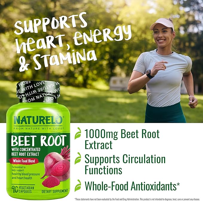 NATURELO Beet Root 90 Capsules – Heart Health &amp Blood Pressure Support* – 1000mg Beet Root Extract + Whole Food Blend – Non-GMO Vegan Gluten-Free