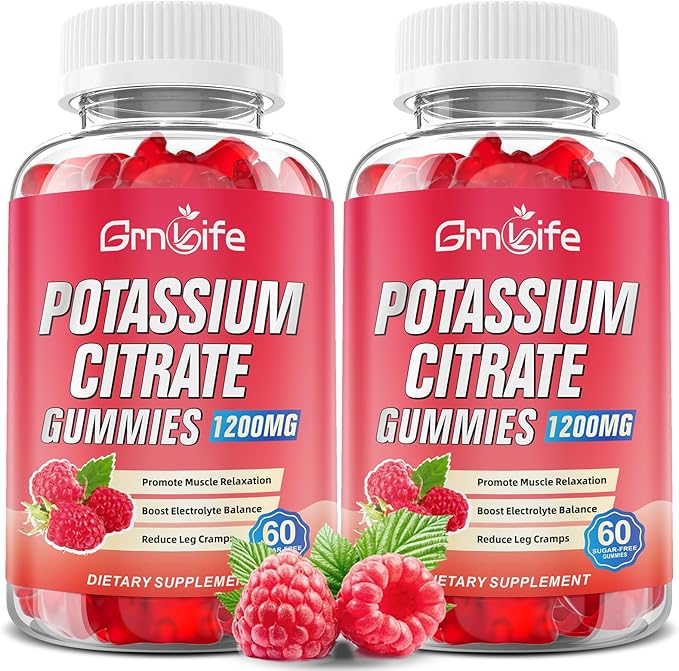 2 Pack Potassium Citrate Gummies High Potassium Supplement 1200mg Support Leg Cramps &amp Muscle Health Potassium Gummies for Adults &amp Kids Vegan Raspberry Flavor 120 Count