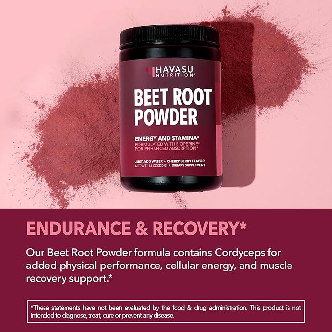 Organic Beet Root Powder with Vitamin B12 &amp Coryceps - Nitric Oxide Supplement - Beetroot Powder for Energy &amp Post Workout Recovery - Mix with Water or Smoothies Cherry Berry Flavor - 30 Serv