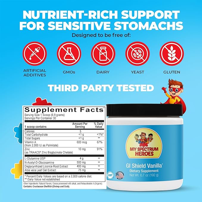 My Spectrum Heroes GI Shield Supplement – Supports Gut Barrier Health &amp Integrity Brain-Gut Connection with High-Dose L-Glutamine DGL Licorice Root Aloe Vera Extract &amp Zinc Vanilla 30 Ser