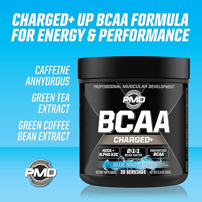 PMD Sports BCAA Charged Delicious Amino Acid Drink Mix for Performance Recovery Endurance and Hydration - Increase Muscle Function for Workout and Daily Energy – Blue Snow Cone (30 Servings)