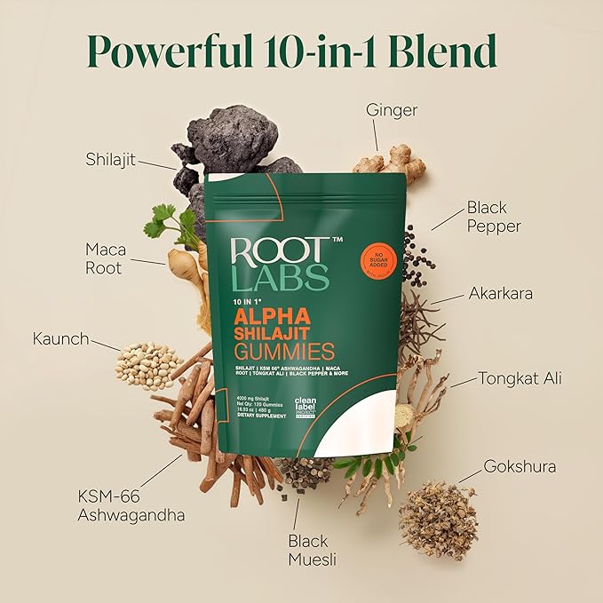 ROOT LABS 10-in-1 Alpha Shilajit Gummies | 4000 mg Pure Himalayan Shilajit with Tongkat Ali &amp Maca Root | for Men &amp Women | ShilAbsorb Bioavailability Tech | Sugar-Free Vegan | 120 Gummies