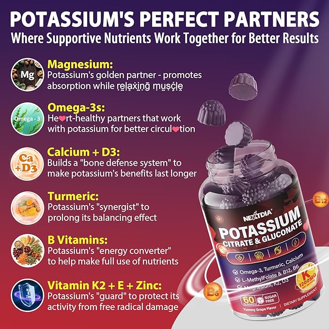 Potassium Citrate and Potassium Gluconate Supplement 1200mg Two Forms of Potassium Gummies w/Magnesium Omega-3 Calcium Vitamin D3 K2 B12 E B6 Folate for Mṵṣḉḷḙ Nerves Health Bones 120Cts