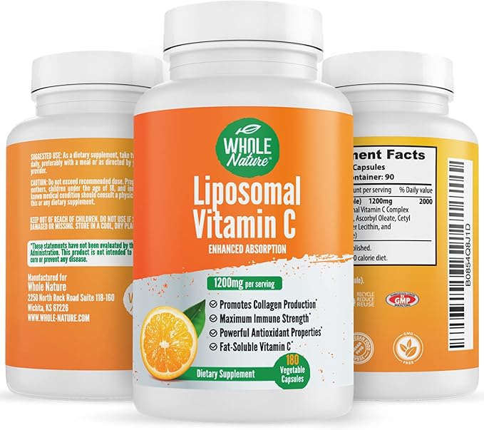 Liposomal Vitamin C Supplement Pills 1200 mg - High Absorption 180 Vegan Capsules Fat Soluble VIT C Maximum Strength Immune System and Collagen Booster Sunflower Lecithin