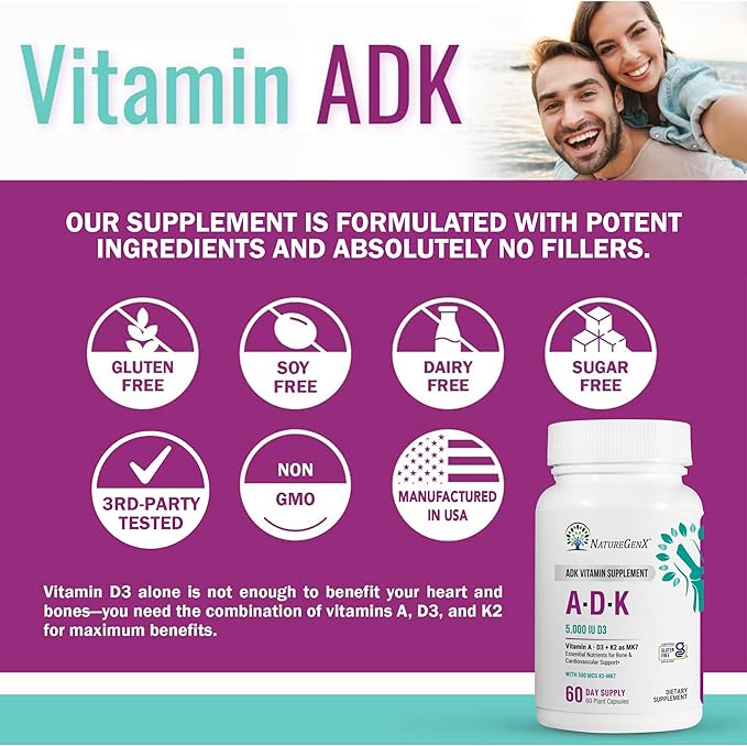NatureGenX ADK Vitamin Supplement – Vitamins A D3 &amp K2 MK-7 for Bone Health &amp Calcium Absorption – Gluten-Free Non-GMO Soy-Free – 120 Capsules 2-Pack (4-Month Supply)
