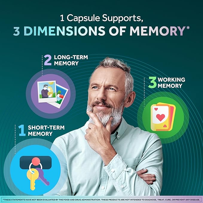 NEURIVA Memory 3D Brain Supplement - Decaffeinated Nootropic Capsules for Memory Focus &amp Cognitive Function - Short Term Long Term &amp Working Memory Support - 50ct