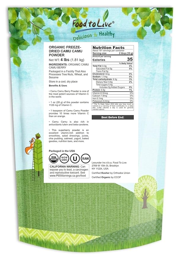 Food to Live - Organic Freeze-Dried Camu Camu Powder 4 Pounds - Non-GMO Kosher Raw Vegan Superfood Bulk Non-Irradiated Pure Great for Baking and Drinks
