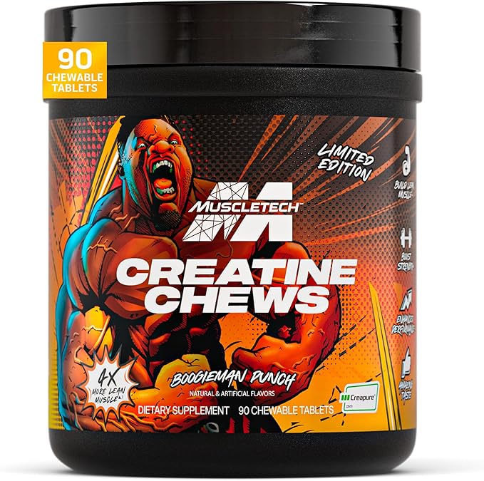 MuscleTech Creatine Chews - Creapure Monohydrate Supplement for Muscle Recovery Muscle Builder &amp Energy Boost - Pre Workout Supplement for Men &amp Women - 90 Chewable Candies Boogieman Punch