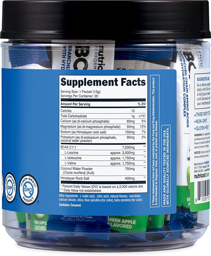 Nutricost BCAA+ Hydration Green Apple Flavored (20 Stickpacks) - Branched Chain Amino Acids with Hydration Complex - Gluten-Free Non-GMO