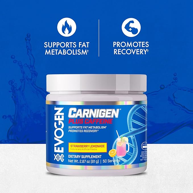 Evogen Carnigen Plus Caffeine - Premium Carnitine Powder | Supports Fat Metabolism &amp Promotes Recovery | L Carnitine Supplement with Caffeine &amp Acetyl L-Carnitine | Strawberry Lemonade | 50 Se