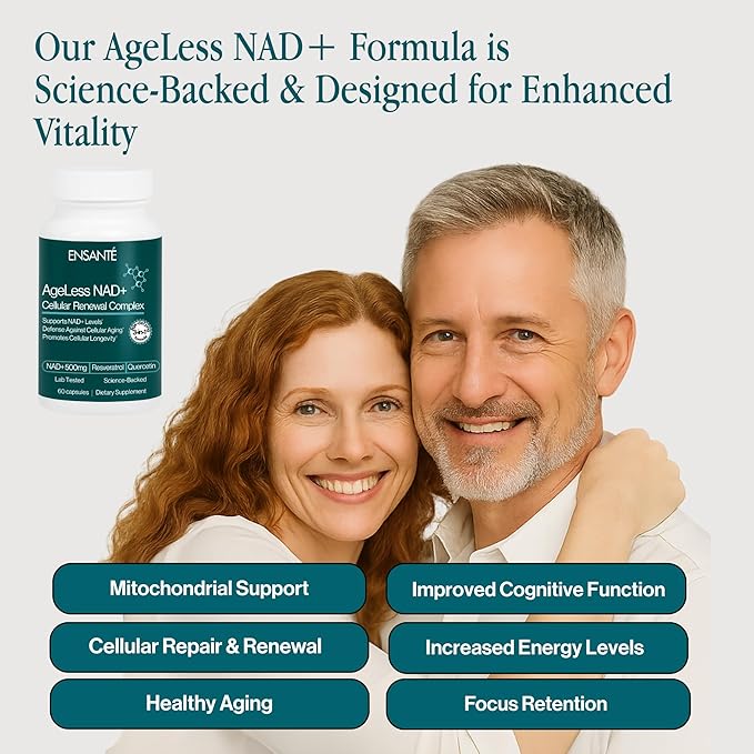 ENSANTE Advanced NAD+ Supplement 500mg with Resveratrol Quercetin Nicotinamide Riboside NAD Supplement for Women Men for Cellular Longevity Anti Aging Cognitive Support 60 Veggie Capsules USA