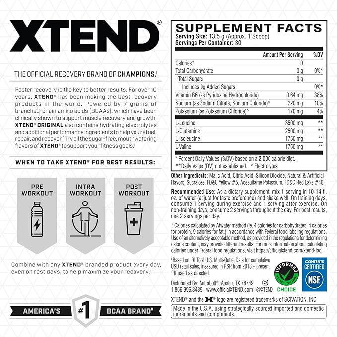 Xtend Original BCAA Powder 7g BCAAs and 2.5g L-Glutamine for Muscle Recovery Hydration and Lean Muscle Sugar Free Intra and Post Workout Drink with Electrolytes Mango Madness 30 Servings