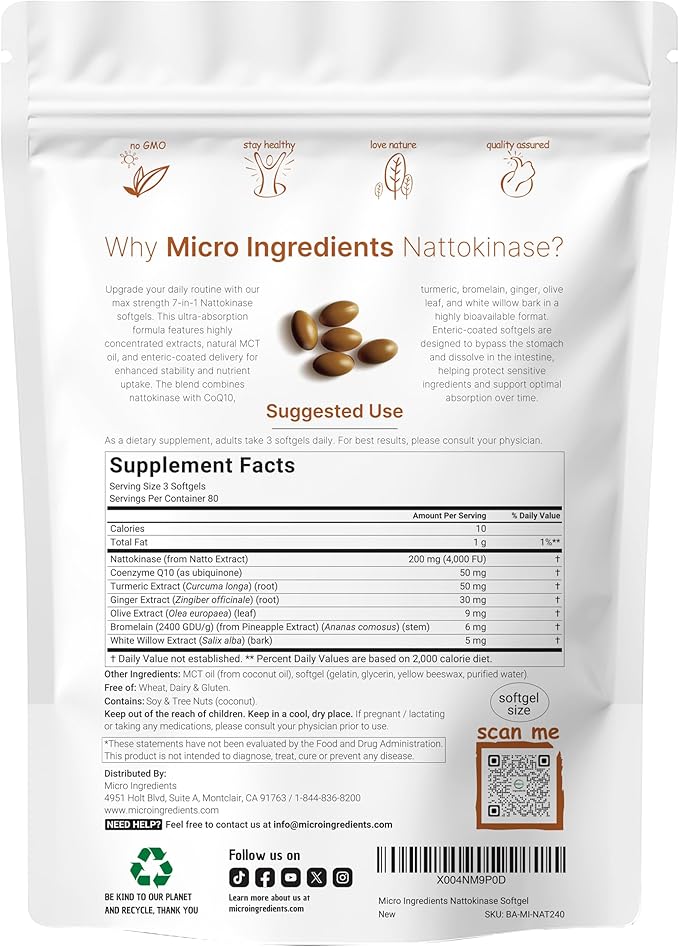 Micro Ingredients Nattokinase 240 Softgels 200mg (4000 FU) Per Serving | 7-in-1 Ultra Absorption Cardiovascular Supplement with CoQ10 Bromelain Turmeric Ginger Olive Leaf &amp White Willow Bar