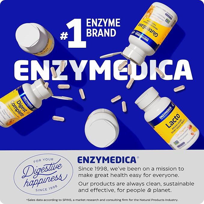 Enzymedica Lacto Digestive Enzymes for Men &amp Women - Lactose Intolerance Support Supplement with Lactase Enzyme Breaks Down Dairy Heavy Meals Helps Reduce Gas &amp Bloating Gluten Free - 180 C
