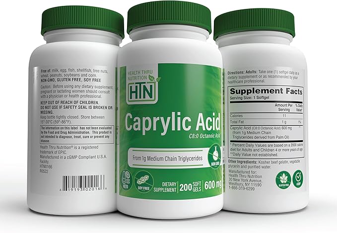 Health Thru Nutrition Caprylic Acid 600mg 200 Softgels | C8 Octanoic Acid from Pure 1g MCT Oil | Non-GMO &amp Soy Free | Support Healthy Digestive and Intestinal Health | Keto Friendly