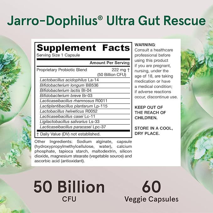 Jarrow Formulas Jarro-Dophilus Ultra Gut Rescue - 50 Billion CFU Per Serving - Probiotics Restore Protect &amp Maintain Intestinal Flora - 60 Servings (Delayed Release)
