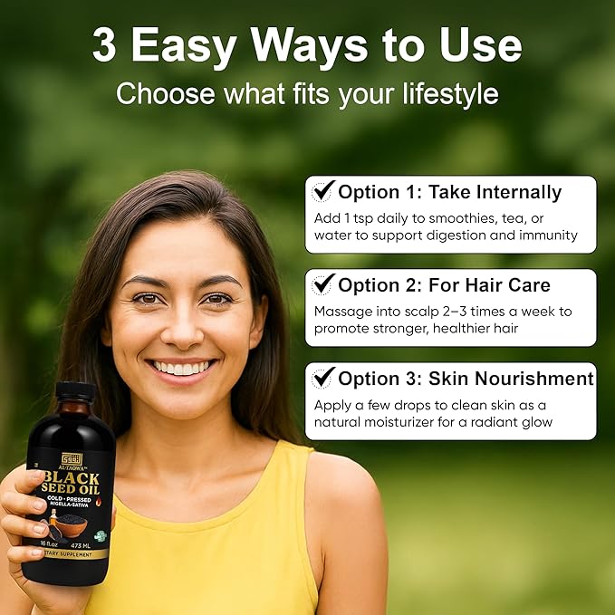 AL-TAQWA Black Seed Oil – Extra Virgin Nigella Sativa (Kalonji) Oil for Hair Skin &amp Wellness – Cold-Pressed Unrefined Non-GMO Vegan Halal – 16oz Amber Glass Bottle
