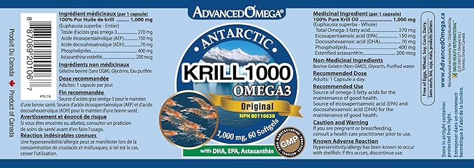 Antarctic Krill Oil 1000mg Contains Omega-3 Fatty Acid EPA DHA Axtaxanthin and Phospholipids (60 Count)