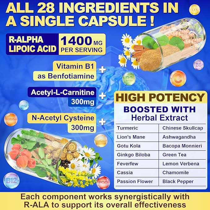 R Alpha Lipoic Acid 1400mg Neuropathy Supplements 28-in-1 Stabilized ALA Supplements with L-Carnitine NAC &amp Benfotiamine R-ALA Supplement Antioxidant for Nerve Brain Energy丨Vegan 240 Capsule