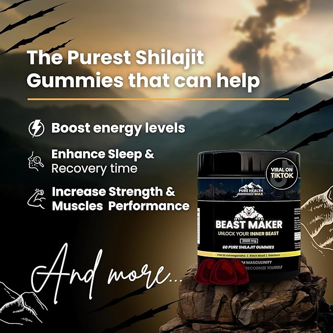 Beast Maker - Pure Shilajit Gummies for Men | Natural Himilayan Organic Shilajit Authentic Male Enhancement Supplement with Ashwagandha Black Musli Gokshura | 60 Gummies