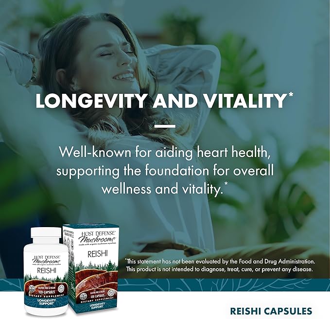 Host Defense Reishi Capsules - Heart &amp Immune Health Support Supplement - Mushroom Supplement to Support Energy &amp Vitality - Reishi Supplement to Aid Overall Well-Being - 120 Capsules