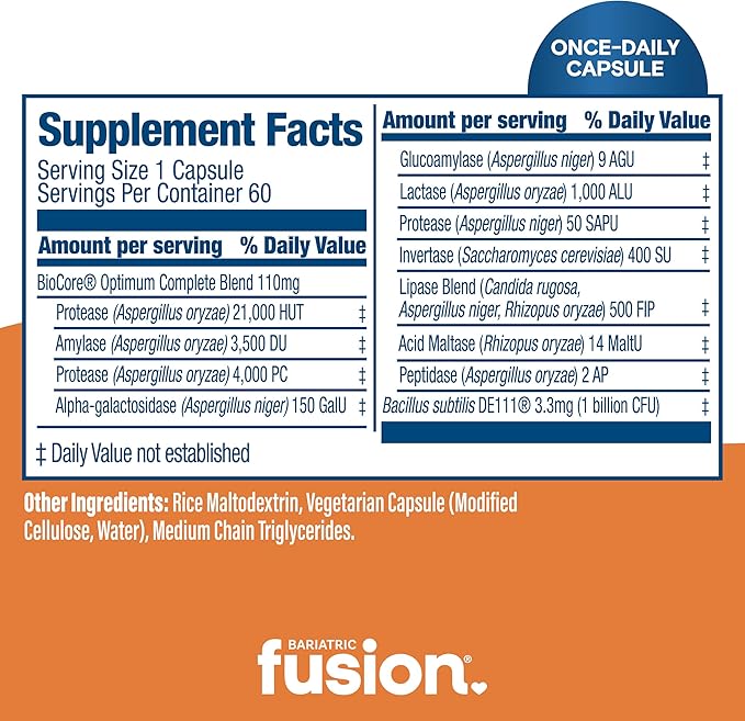 Bariatric Fusion Digestive Support: Digestive Enzymes with Probiotics | Vegan Supplement | Probiotics for Digestive Health and Gut Health Support | Gluten Dairy &amp GMO Free | 60 Capsules