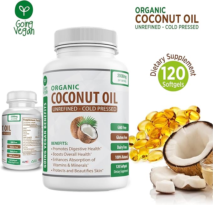 Organic Coconut Oil Capsules 2000mg - 100% Extra Virgin Cold Pressed for Healthy Skin Extra Hair Growth Nail Care Brain Booster - 120 Softgels - Unrefined Pure &amp Non GMO Pills - Rich in MCT