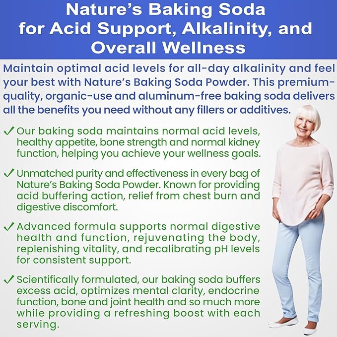 Organic Use Aluminum Free Baking Soda Bulk Supplement Powder in Mason Jar with Lid &amp Spoon - Food Grade &amp Organic Use Baking Soda for pH Balance Kidney Health Antacid &amp Detox Support - 1