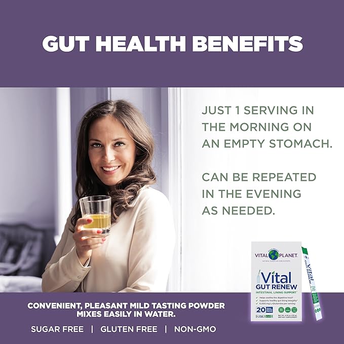 Vital Planet - Vital Gut Renew Powder Supplement for Leaky Gut Repair with L-Glutamine Marshmallow and Ginger Root DGL Licorice Root and Organic Aloe Vera L Glutamine 6000mg 20 Single Serve Packs
