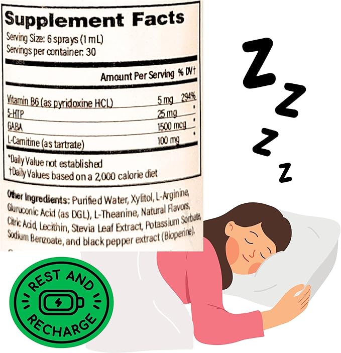 5-HTP Plus GABA B6 L-Carnitine Supplement Spray 1 fl oz. Supports Sleep and Relaxation.