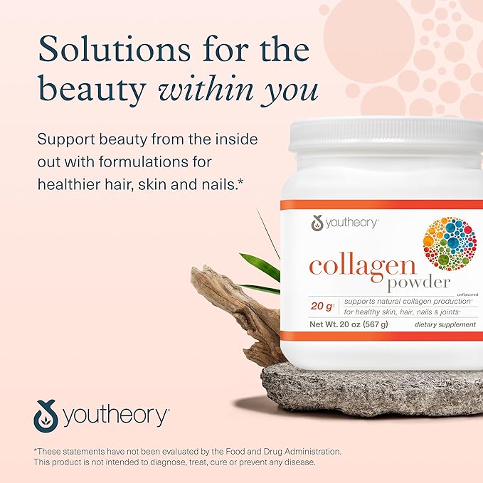 Youtheory Collagen Powder - 20 g Hydrolyzed Collagen Peptides - with Vitamin C Biotin &amp Amino Acids - Supports Joint &amp Bone Health* - Unflavored - 20 oz (21-Day Supply)