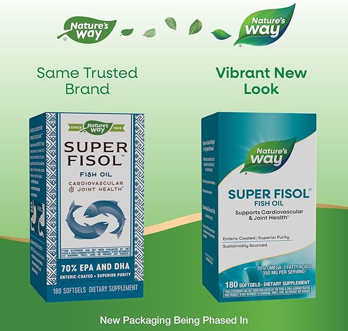 Nature's Way Super Fisol Fish Oil Omega 3 Supplements Enteric Coated Supports Cardiovascular and Joint Health* Mega Potency Omega-3s 180 Softgels (Packaging May Vary)