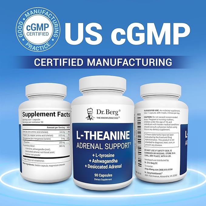 Dr. Berg L-Theanine 200mg - Includes Zinc Copper L-Tyrosine &amp Ashwagandha – L-Theanine Supplement Adrenal Support - for Relaxation Stress Relief and Mental Clarity* – 90 Gelatin Capsules