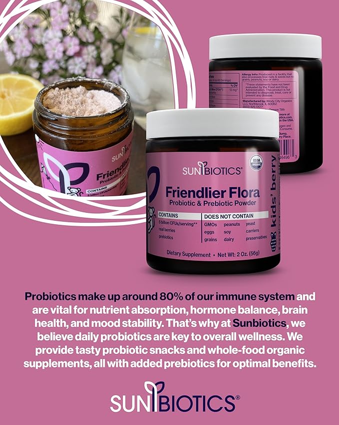 SUNBIOTICS Friendlier Flora - Kids Prebiotic and Probiotic Powder Supplement with 5 Billion CFUs of 5 Probiotic Strains for Good Gut Flora Immune System &amp Balanced Microbiome - Berry (Pack of 2