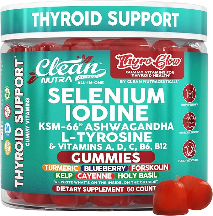 ThyroGlow Thyroid Support Gummies Selenium Iodine KSM 66 Ashwagandha L Tyrosine Vitamin D C B12 B6 Turmeric Blueberry Holy Basil Folate Bladderwrack By Clean Nutra