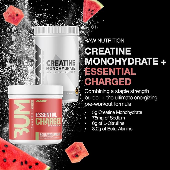 RAW Nutrition Creatine Monohydrate &amp Charged Sour Watermelon Pre-Workout Powder Bundle