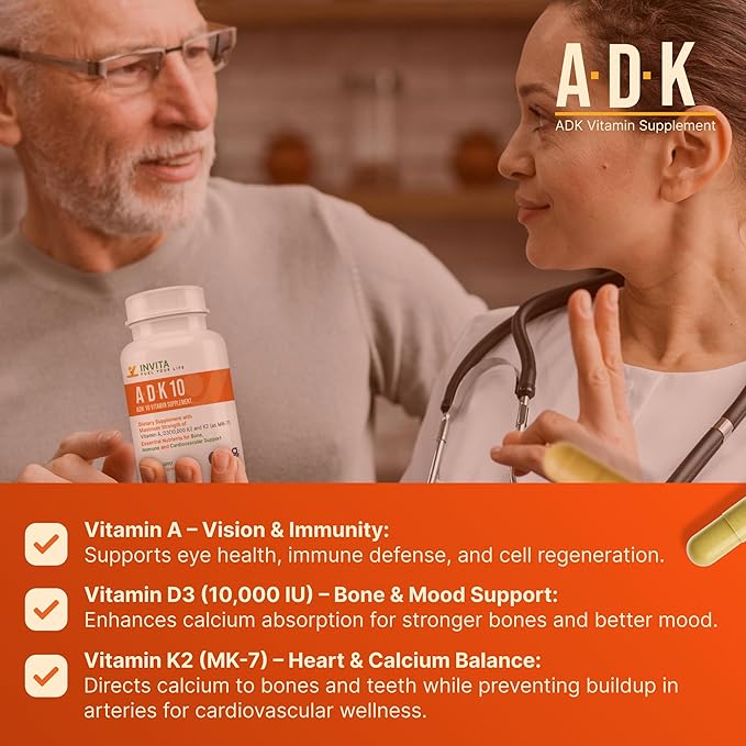 INVITA ADK 10 Vitamin Supplement – 90 Capsules – High Potency of Vitamin A D3 10000 IU &amp K2-MK7 – Physician Formulated ADK for Bone Heart &amp Immune Support – Non-GMO Gluten Free (3-Month S