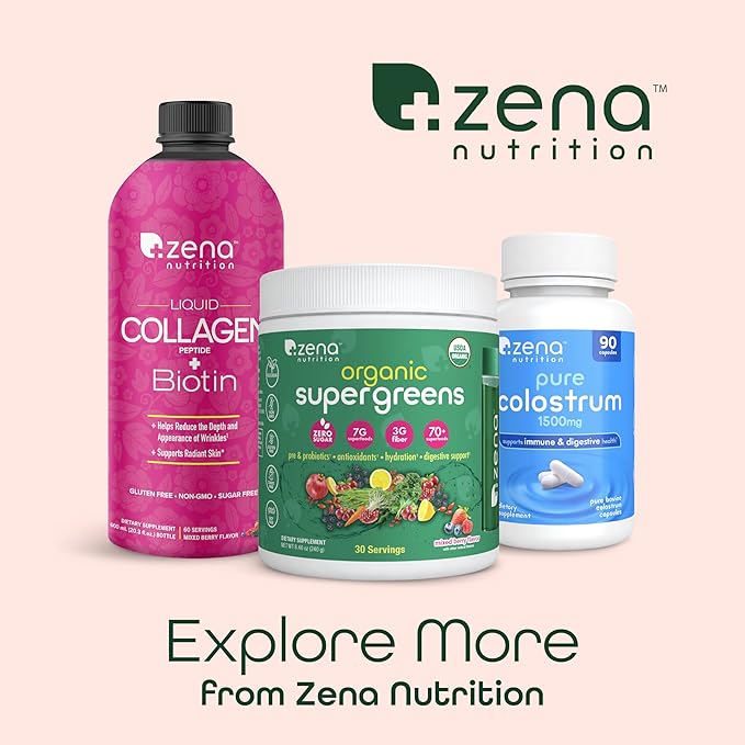 Zena Nutrition Liquid Collagen Peptides and Biotin Mixed Berry 20.3 Fl Oz + Pure Colostrum Powder 2000mg Supplement Supports Immune and Digestive Health