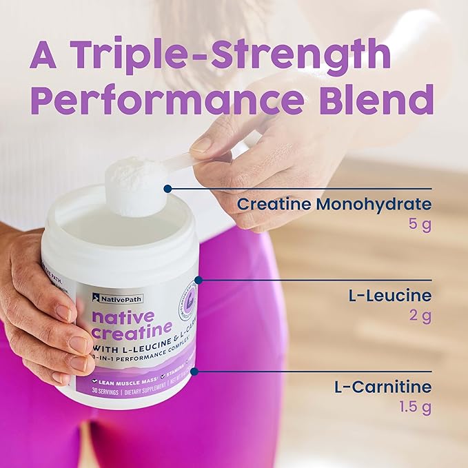 NativePath Creatine Monohydrate Powder with L-Leucine &amp L-Carnitine - Supports Muscle Health for Men &amp Women - 30 Servings